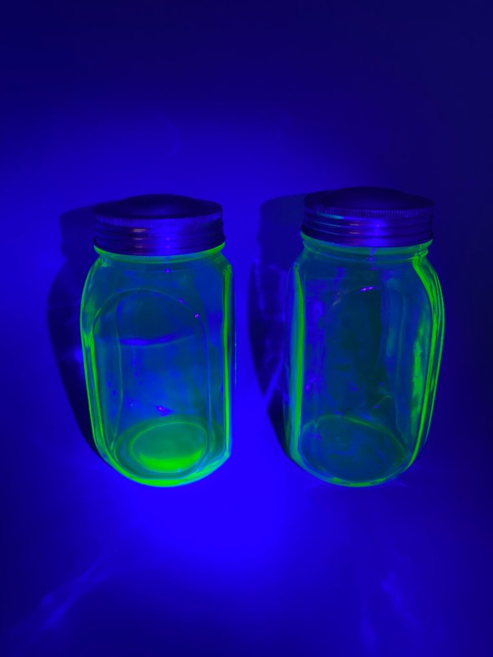 1930's Anchor Hocking Uranium Green Glass Smooth Sides Hoosier Shaker Jars